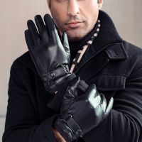 New PU leather gloves men 39;s winter plus velvet thick touch screen warmth motorcycle riding driving gloves