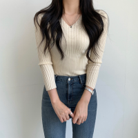 New 2021 Autumn Winter Long Sleeve Rib Knit Base Tops Korean Fashion V-Neck Slim Elegant Womens Sweater Pullovers Beige Pink