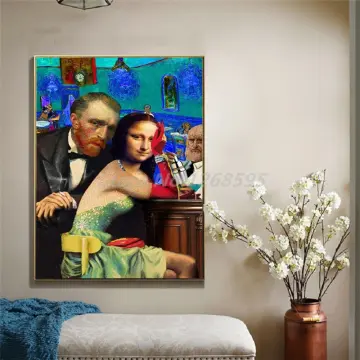 Funny Art Van Gogh and Mona Lisa Driving Canvas Print Wall Art Abstract  Artwork