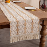 【NEW】【Penghantaran Privasi Tinggi】 New Cotton and Linen Tassel Table Runner American Tassel Holiday Decoration Dual-Color Patchwork Long Table Cloth