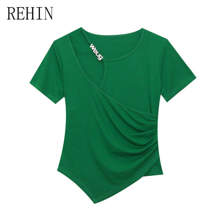 rehin-เสื้อยืดผู้หญิงแขนสั้นเสื้ออเนกประสงค์สีทึบเข้ารูป-แฟชั่นใหม่ฤดูร้อน