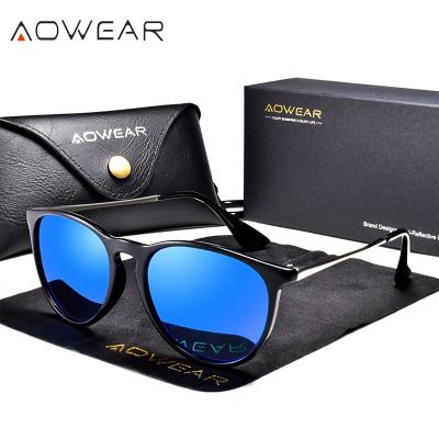 AOWEAR Fashion Vintage Polarized Sunglasses Women Outdoor Shades Round Sun Glasses Ladies UV400 Driving Mirror Eyewear with case