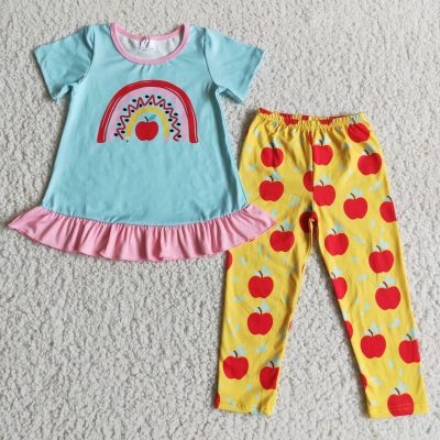 Custom RTS Wholesale Children 2PCS Clothing Suits Kids School Days Outfits G​irls Apple Toddler Set