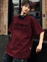 ☾◆ Heavy cotton dark red t-shirt for men in summer American retro short-sleeved loose ins trendy brand couple wear half-sleeved