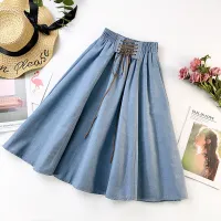 PEONFLY Autumn Winter Fashion Women Skirt Solid Color Lace-up High Waist Denim Skirt Retro Pleated Midi Denim Flared Skirts