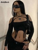 Goth Dark Grunge Cut Out Irregular Cyber Y2k T-shirts Gothic Punk Bodycon Women Sexy Crop Tops Black Long Sleeve Streetwear Tees