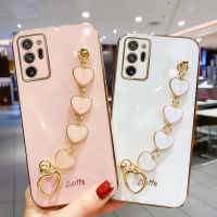 เคสสำหรับ Samsung Galaxy Note 20 Note 20 Ultra Note 10 Plus Note 10 Lite Note 9 Note 8เคสพร้อมสร้อยข้อมือรูปหัวใจแห่งความรักกรอบสี่เหลี่ยมเคลือบ6D แวววาวกรอบด้านหลังเป็นซิลิโคนเคสมือถือสำหรับเด็กผู้หญิง