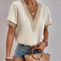 Summer Elegant Short Sleeve Lace Chiffon Blouse V Neck Office Lady 2023 Loose Woman Shirts Casual Tops Hollow Out Clothes 25125