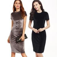 ✢✗ Womens Elegant Round Neck Short Sleeve Party Sheath Bodycon Pencil Velvet Dress