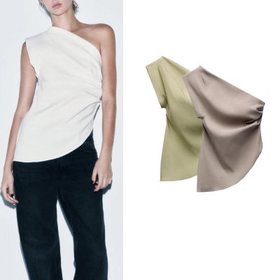 ✵ □ Zaraเย็บปักถักร้อยการออกแบบเสื้อใหม่ฤดูร้อนให้ความรู้สึก Dew Shoulder สีขาวขนาดเล็กเสื้อคอปาด0085837พับ