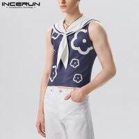 ♘❏№ Incerun เสื้อกล้าม สายคล้องคอ ลายดอกไม้ สีกรมท่า