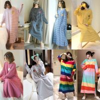 【NEW Popular】ได้❤️【สต๊อกพร้อมแล้ว】❤️Nightdress ชุดเดรสแขนยาวลายทางแขนชุดนอนผ้าคอตตอนสำหรับผู้หญิงขนาดใหญ่ทรงหลวมฤดูใบไม้ผลิและฤดูใบไม้ร่วง