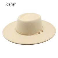 lidafish New Winter Autumn Fedora hat For Women 9.5CM Wide Brim Gold Chain Band Felted Jazz Hat Simple Church Derby Top Hat