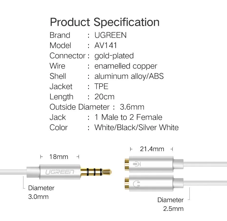 UGREEN Headphone Splitter 3.5mm Audio Stereo Y Splitter Extension Cable  Male to Female Dual Headphone Jack Adapter for Earphone Headset Compatible  with iPhone Samsung Tablet Laptop | Lazada Singapore