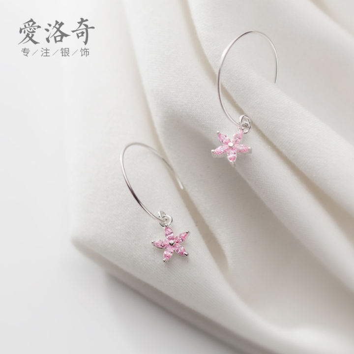 s925silver-earrings-womens-korean-style-fresh-pink-diamond-five-al-flower-sweet-short-ear-hook-graceful-earringsg1838