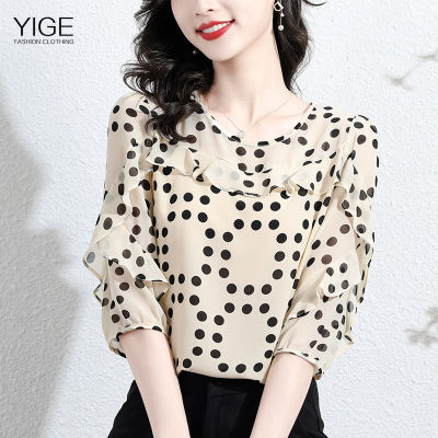 YIGE 2023 Summer New Short Sleeve Ruffle Top Age Reducing Wave Dot Chiffon Shirt New Design Elegant Blouse Women