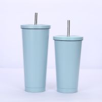 500/750ml Stainless Steel Cup with Lids and Straw Tumbler Iced Coffee Mug Double Wall Water Bottles Reusable Storage Outdoor