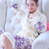 【cw】 Robes Warm Coral Fleece Nightdress Sleepwear Female Floral Dressing Gron Kimono Hotel Bathrobe 【hot】