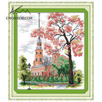 Cross Stitch ชุดด้วยวัสดุ Crossdecor ภูมิทัศน์ Series Stamped ชุด11CT 14CT พิมพ์เย็บปักถักร้อยชุดสำหรับเริ่มต้น Home Decor จอแสดงผล Sala ของขวัญ-Village Church