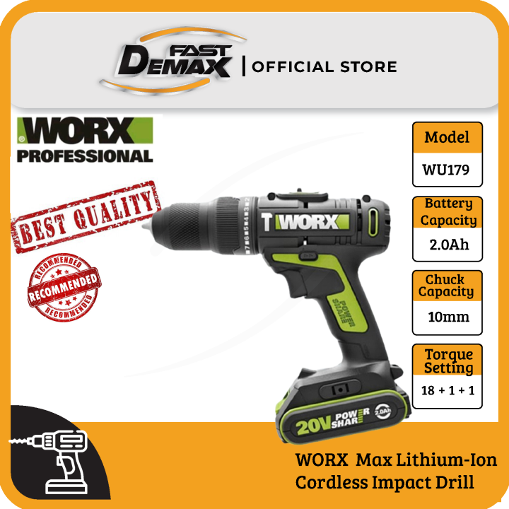 WORX WU179 2.0Ah Max LithiumIon Cordless 10mm 20V Impact Drill