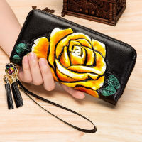 flroal genuine leather purse women long women wallets large capacity womens leather wallets double zipper clutch purses