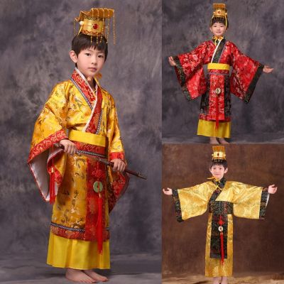 เด็กชุด Hanfu โบราณจีนผู้ชายเด็กชายจักรพรรดิ King เวทีสีแดงเสื้อผ้าเด็กชุดถังชุดเด็ก + หมวกชุด
