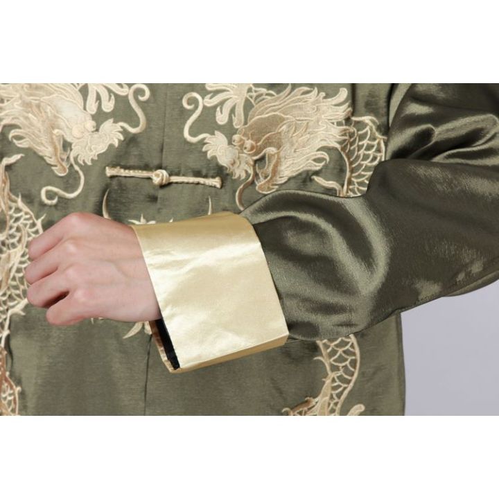 เสื้อแจ็กเก็ตคอสตูมกังฟูถังจีนโบราณสำหรับผู้ชายลายมังกรคู่
