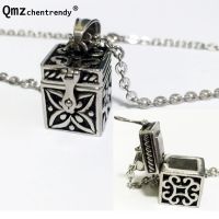 Stainless Steel Vintage Cuboid Magic Box Pendant Cremation Ashes Urn Necklace Funeral Memorial Keepsake Locket Jewelry Men Women