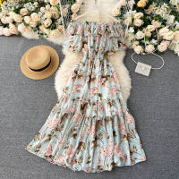 2021Bohemian Floral Chiffon Midi Dress Women Sexy Slash Neck Ruffle Short Sleeve A-line Printed Vacation Beach Vestidos Robe 2021