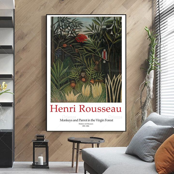 apen-papegaai-in-het-oerwoud-1905-1906-ประตู-henri-rousseau-พิมพ์ลายวินเทจ-idee-งานศิลปะพิมพ์ผนัง1ชิ้นมีกรอบด้านในหรือปรับแต่งได้