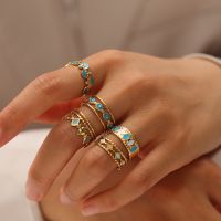 【YF】 WILD   FREE Summer Blue Enamel Stainless Steel Rings for Women Vintage Trendy Adjustable Ring Aesthetic Jewelry