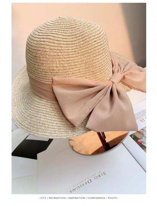ส่งด่วน-หมวกสานผู้หญิง-สไตล์เกาหลี-มีโปว์อยู่หลัง-หมงกโปว์ใหญ่-กันแดด-สวย-หมวกเที่ยวทะเล