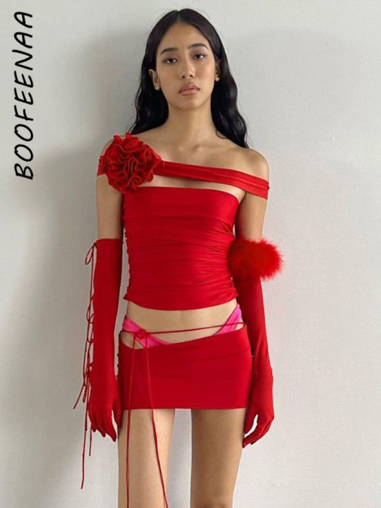 boofeenaa-เสื้อครอปเปิดไหล่ศิลปะการปะติดดอกไม้3มิติเสื้อยืดสีดำสีแดง2000เสื้อผ้า-y2k-ผู้หญิงเสื้อฤดูร้อน-c69-bz11-2023