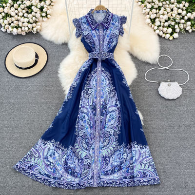 Gorgeous Retro Palace Style Goddess Fan Celebrity Temperament Single-breasted Lapel Printed Dress Elegant A-line Long Skirt 2022 New