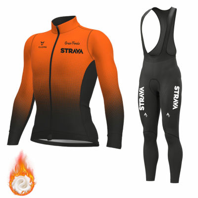 NEW STRAVA Winter Thermal Fleece Set Cycling Clothes Mens Jersey Suit Sport Riding Bike MTB Clothing Bib Pants Warm Sets