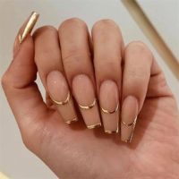 CY086 Gold French Tip Nude Fake Nail with Adhesive Tab Set Long Press on Acrylic Nails Faux Ongles