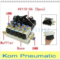 4V110-06 24VDC 220VAC 110V Quintuple Solenoid Valve Mufflers 6mm Quick Fittings Base Set 2pos 5port Free Shipping