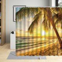 Seaside The Sea Sunset Beautiful View Coconut Tree Sky Sandy Beach Pattern Bathroom Shower Curtain Waterproof Washable Polyester