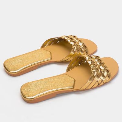 2022 Summer Flat Braided Slippers Wear Beach Vacation Sandals Gold woven flat bottomed slides