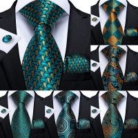 Men Tie Teal Green Paisley Striped Novelty Design Silk Wedding Tie for Men Handky cufflink Gift Tie Set DiBanGu Party Business