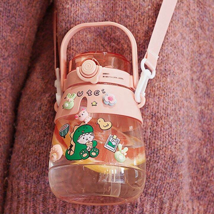 gradient-cute-water-bottle-for-girls-kids-big-belly-cup-with-straw-stickers-1-3l-plastic-outdoor-sports-kettle