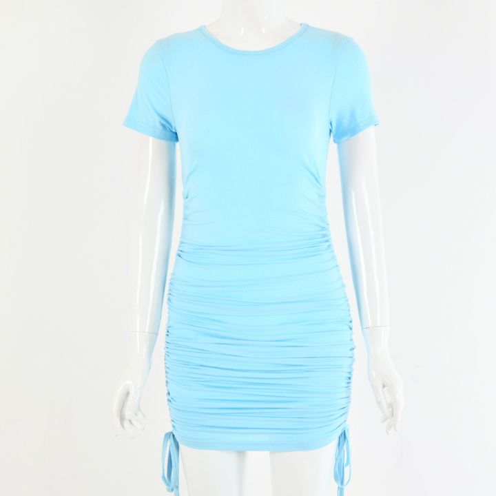 ins-the-new-womens-wear-tight-round-collar-side-draw-string-pure-color-female-summer-short-sleeved-dress