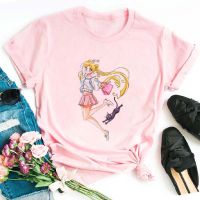【New】Kawaii Fashion Ullzang Harajuku Clothes Sailor Moon Funny Pink T Shirt Aesthetic Cat Anime Women Cute Female Tops_09