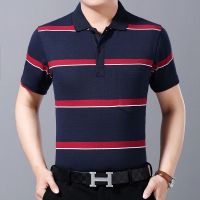 ผู้ชายแขนสั้นลายทางปก polo เสื้อฤดูร้อนแบบบางสำหรับคุณพ่อแขนสั้นลำลอง T เสื้อ