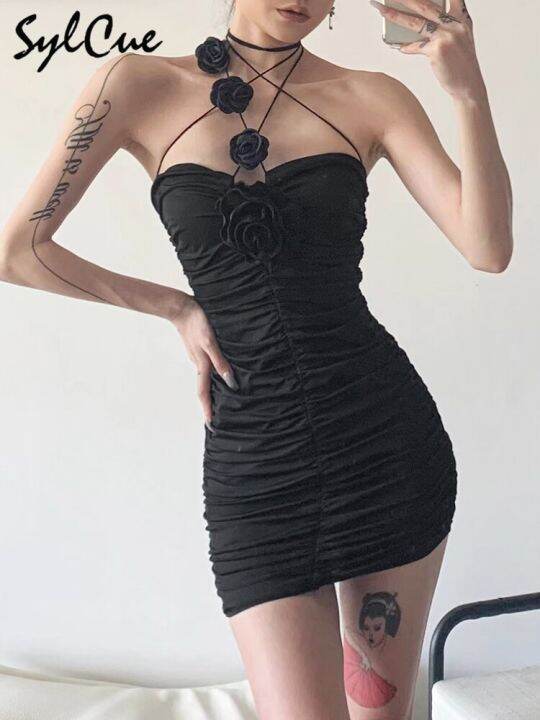 sylcue-black-mysterious-sexy-mature-party-intellectual-feminine-rose-decorative-folds-charming-tight-womens-tube-top-dress