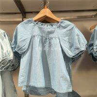 Uniqlo childrens clothing / girls / girls casual pleated tops washed products puff sleeves 2023 spring and summer 458081