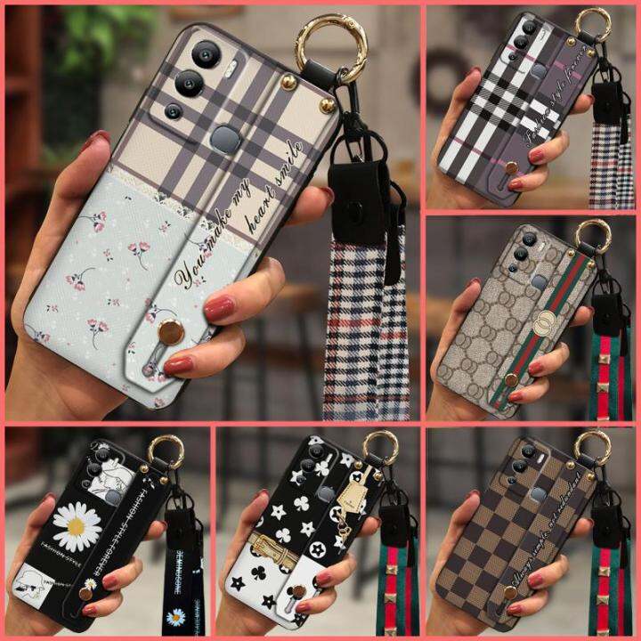 wrist-strap-waterproof-phone-case-for-infinix-hot12i-x665-new-arrival-anti-knock-plaid-texture-small-daisies-soft-tpu