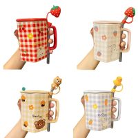 Cute Girl Mug with Strawberry Straws Ceramic Mug with Lid Coffee Cup Cat Bear Pattern Mug Creative Kawaii Mug