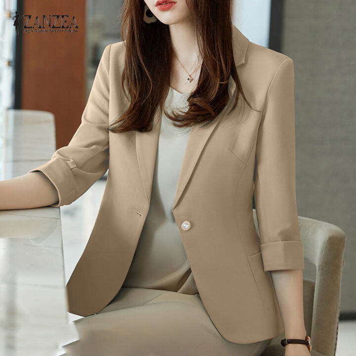 Zanzea Korean Style Womens Office Button Up Suits Formal Work 34 Sleeve Lapel Blazer 11 0353