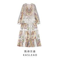 KASLEAD new womens clothing in Europe and the printed v-neck long-sleeve MIDI dress 3327684 330 ❤